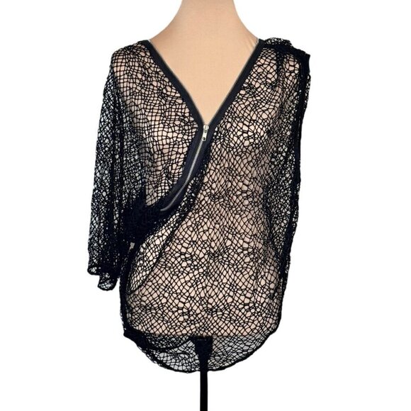 NWT Sugar Lips Black Mesh Fishnet Top Sz.S One Sleeve Sheer Zipper Grunge Goth - Picture 1 of 10